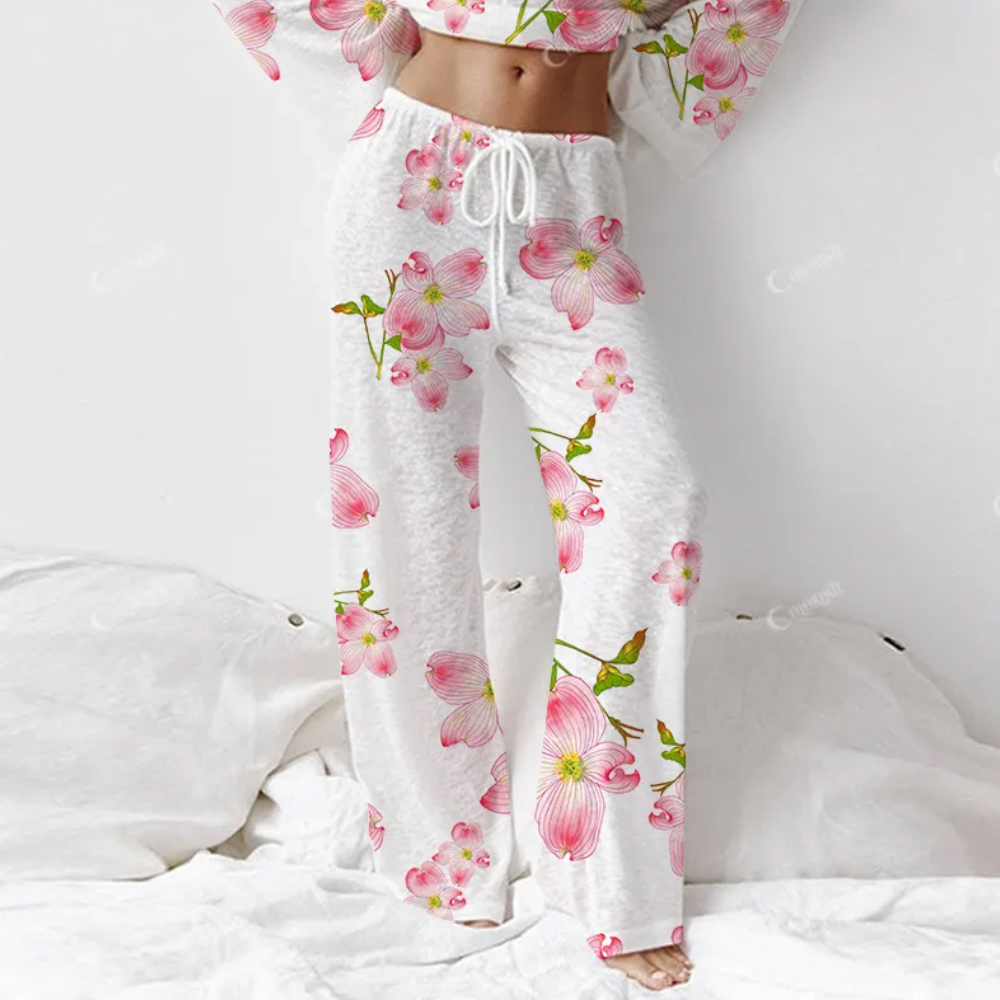 Colordate Women's Watercolor Flower Pink Floral Print Long Sleeve Cotton Homewear Set