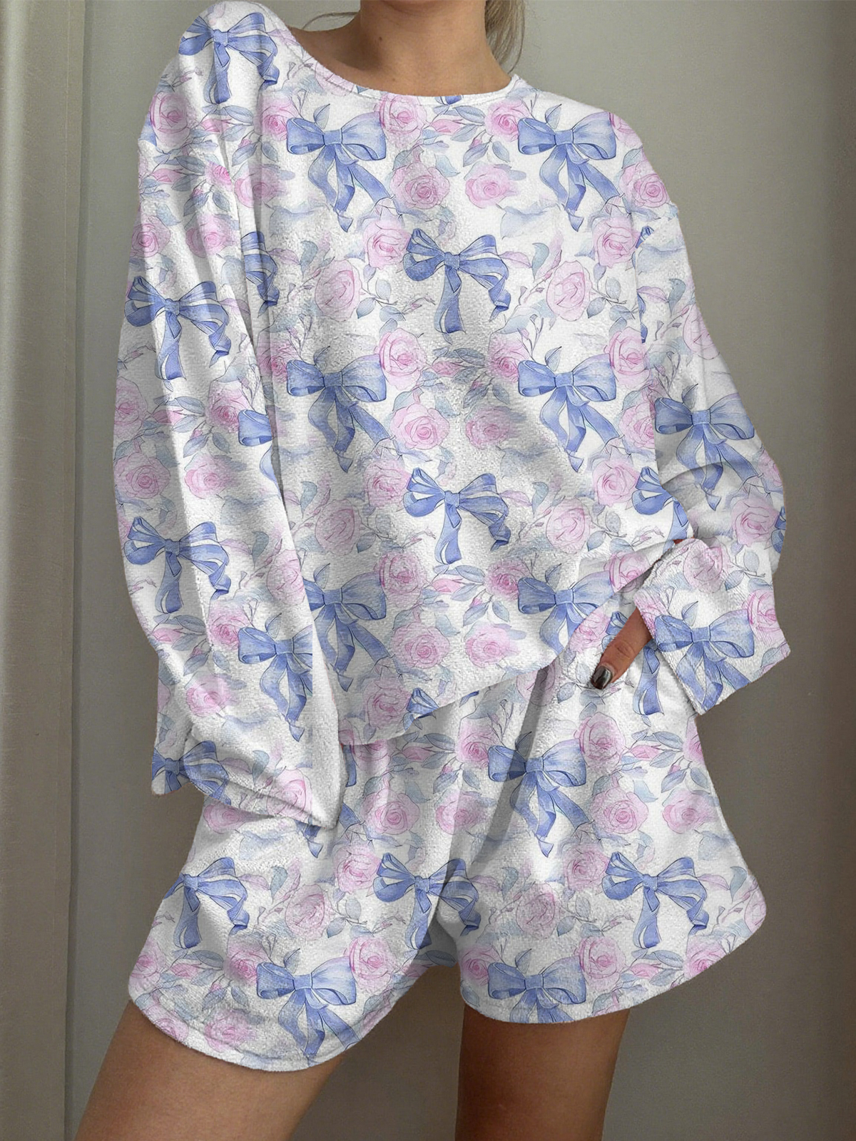 Bow Tie Roses Printed Long-Sleeved Shorts Loungewear Set