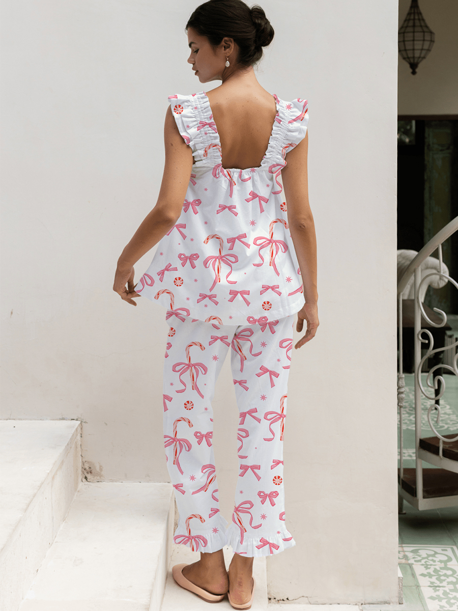 White & Pink Bow Print Tank Top Pajama Set