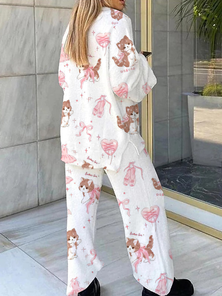 Women's Bow Cat Heart Print V-Neck Suit