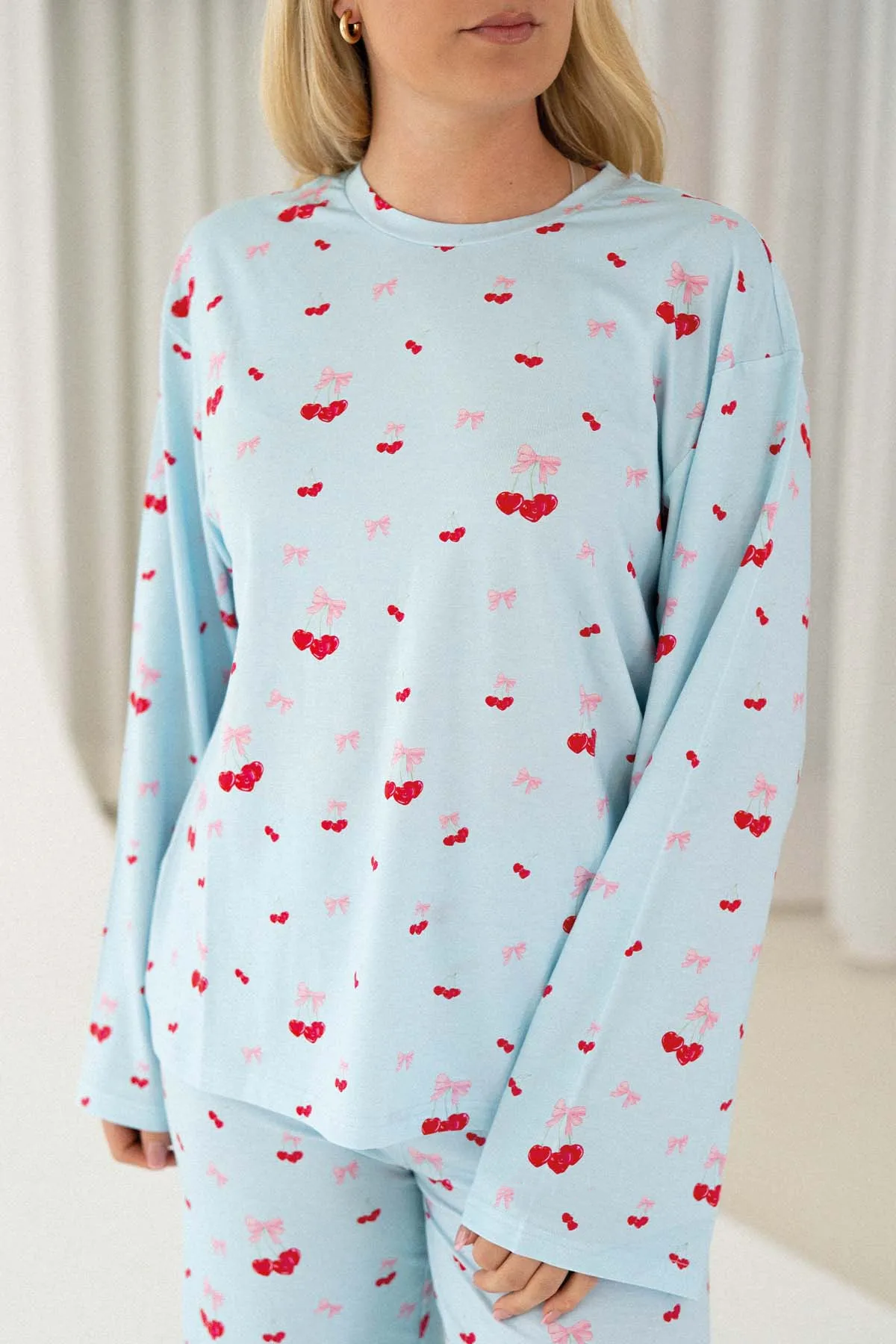 Sleep Set Sweet Cherries Print Light Blue Loungewear 