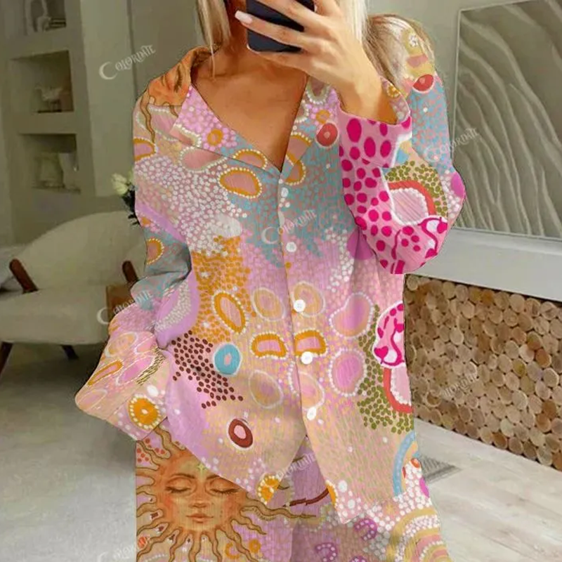 Colordate Women's Sun And Pink Leopards Print Cotton Cardigan Homewear Set