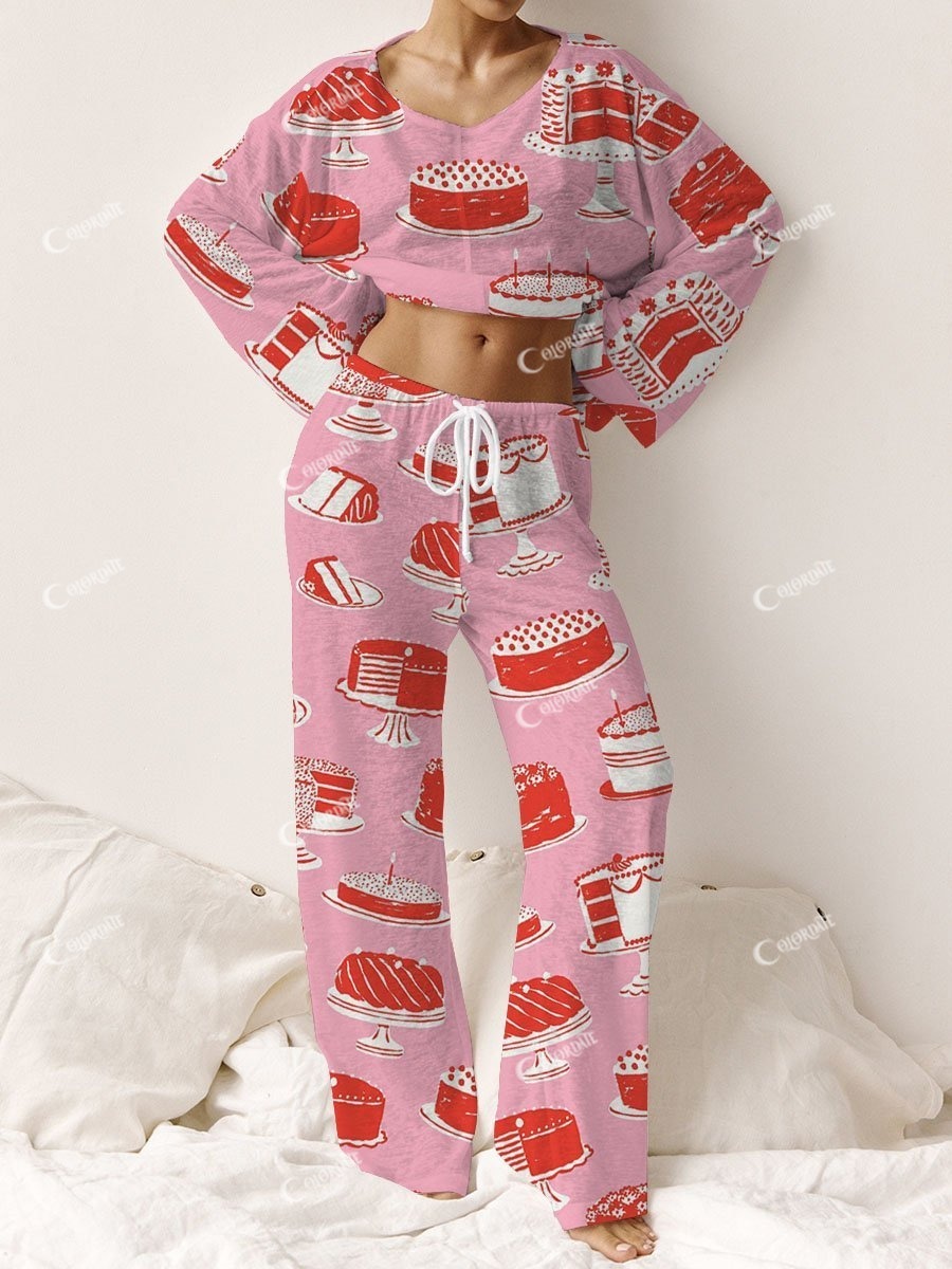 Women's Pink Cake Print Casual Linen Cotton Suit