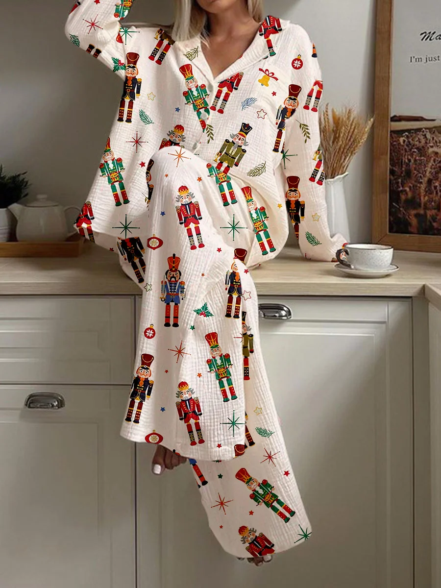 Women's Christmas Puppet Polka Dot Print Cardigan Homewear Set