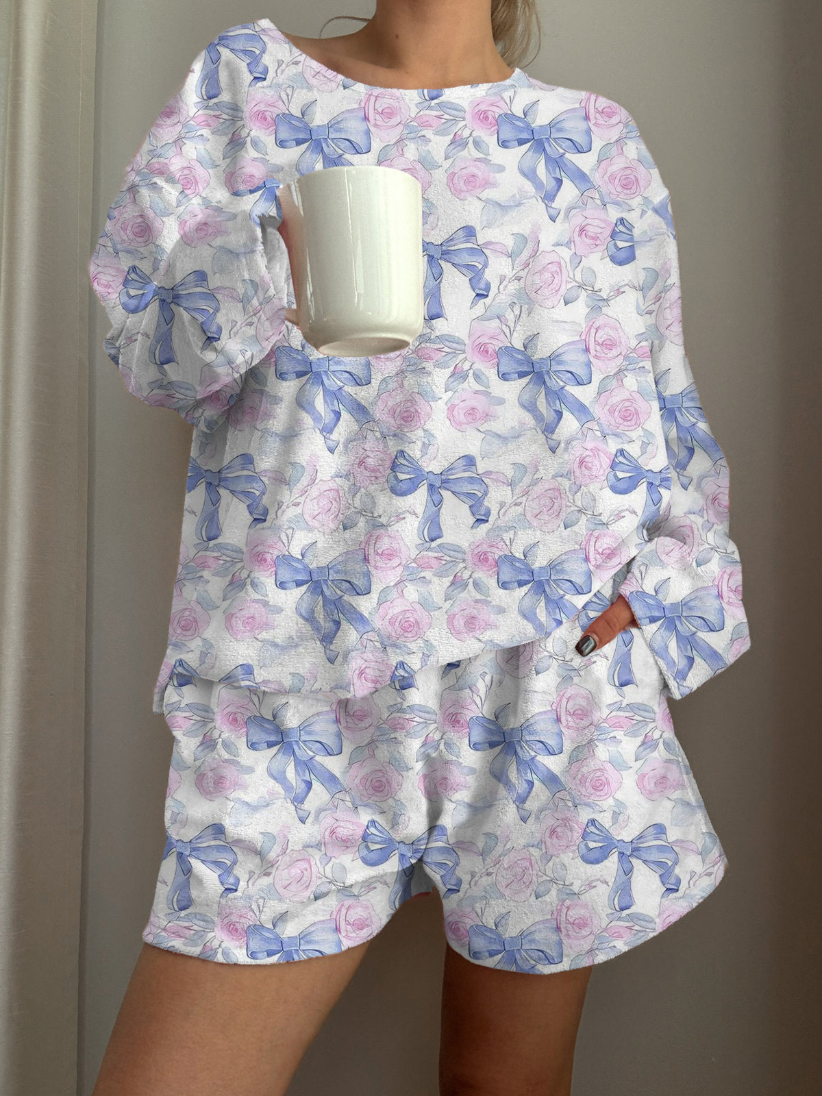 Bow Tie Roses Printed Long-Sleeved Shorts Loungewear Set