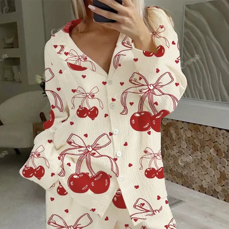 Women's Bow Cherry Heart Printed Casual Homewear Set
