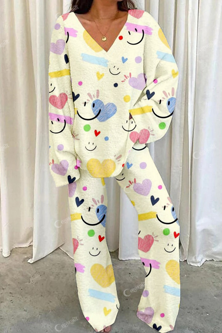 Women's Colorful Smiley Heart Print Home V Neck Long Sleeve Suit