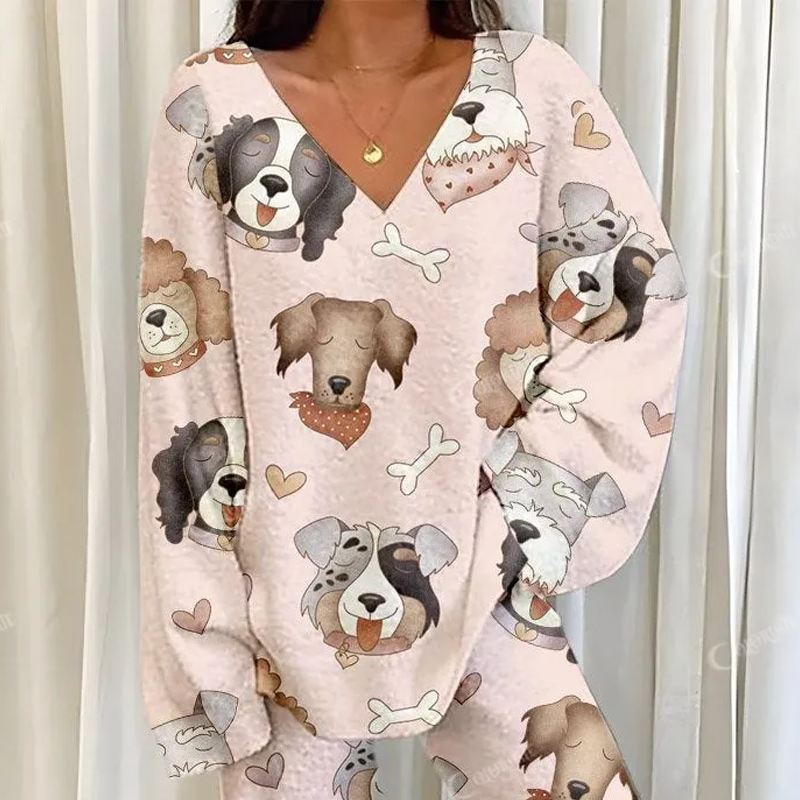 Women's Plush Dog Heart Printed Fleece Suit