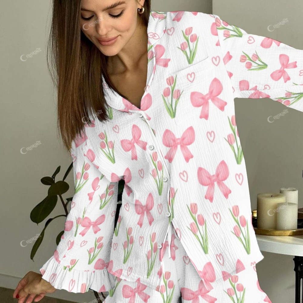 Women's Pink Bow Tulip Love Printed Linen Cotton Suit