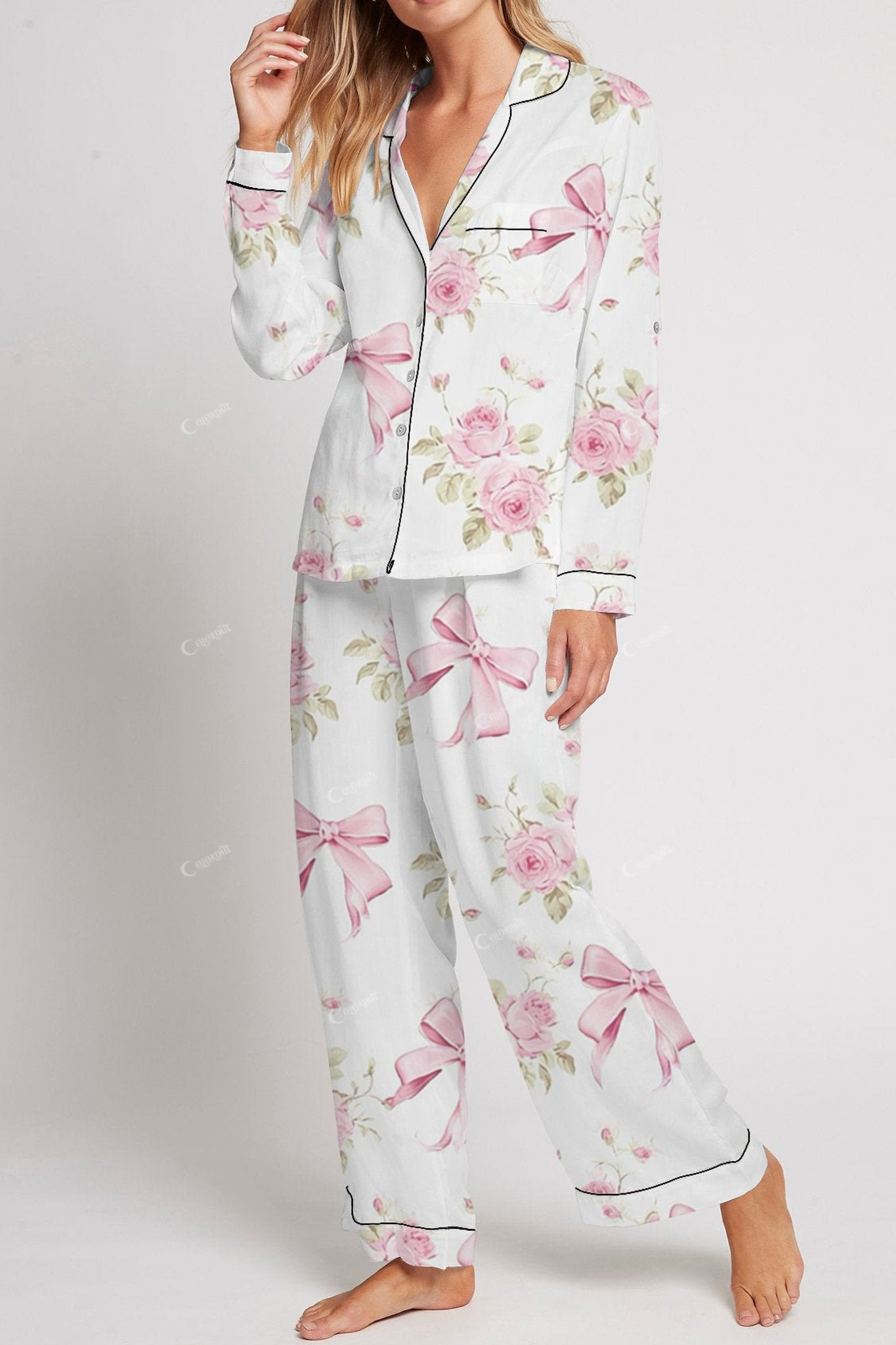 Women's Flower Bow Long Sleeve Pajama Set