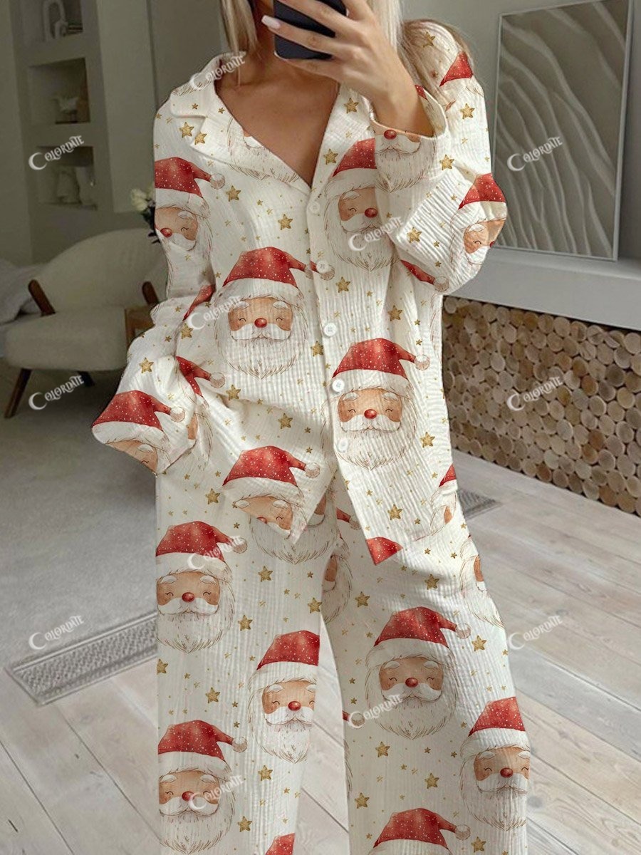 Women's Christmas Santa Claus Pattern Long Sleeve Pants Suit