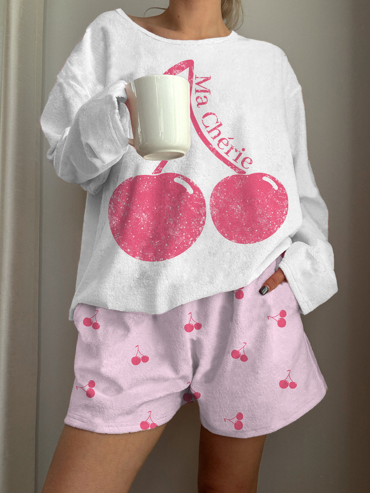 Pink Cherry Printed Long-Sleeved Shorts Loungewear Set
