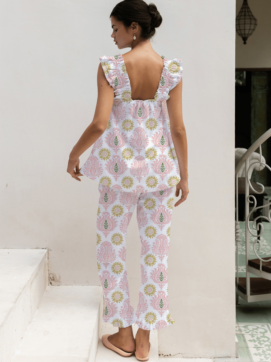 Pink & White Dainty Floral Short Tank Top Pajama Set