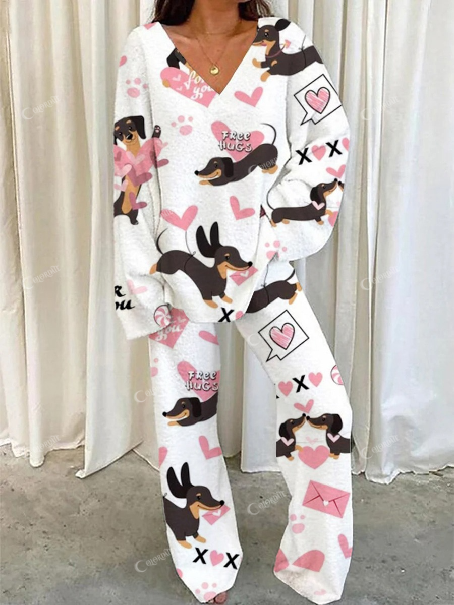 Women's Cartoon Dachshund Heart Printed Casual Homewear Set