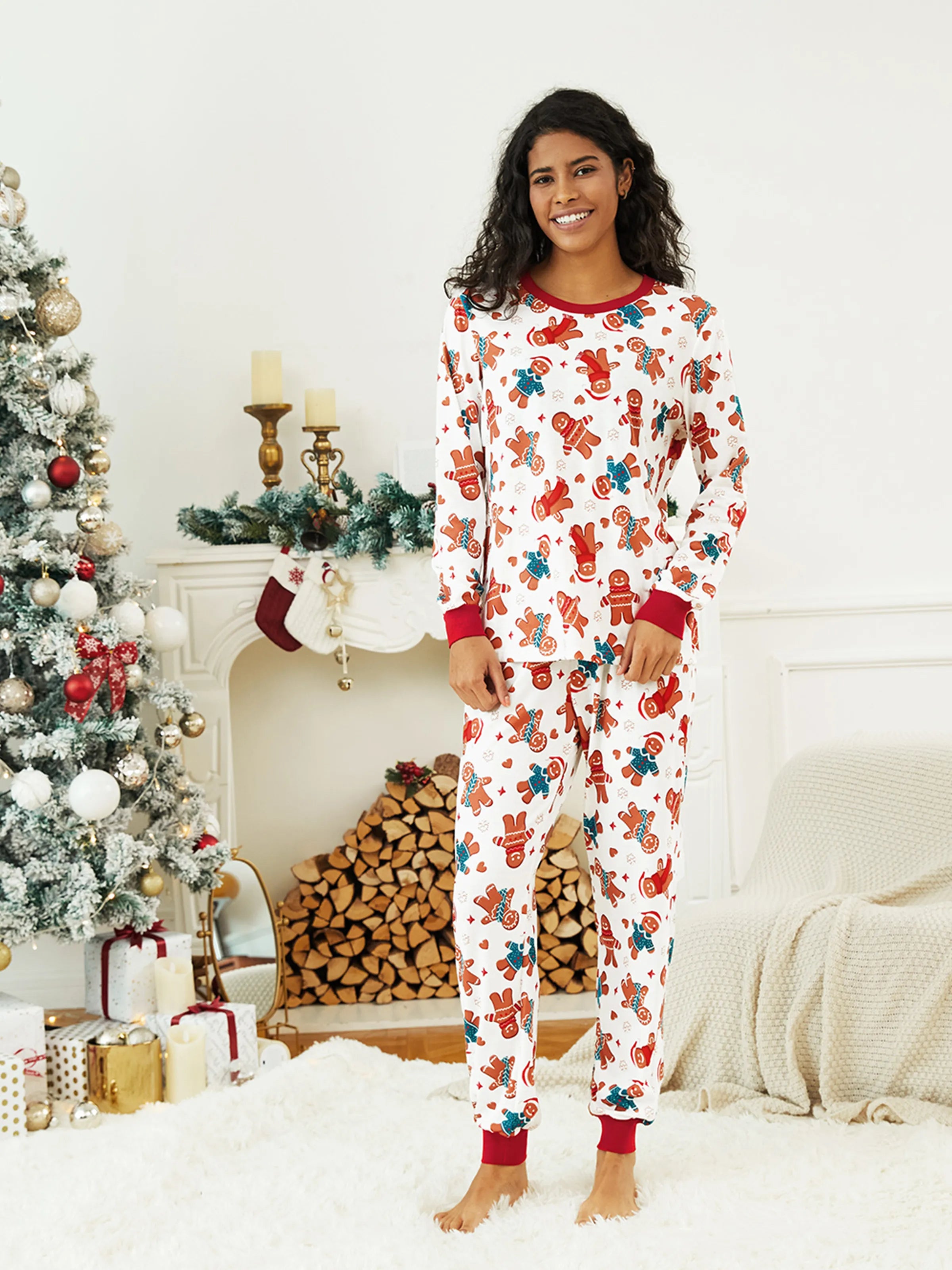 Christmas Family Matching Cartoon Gingerbread Man Allover Print Pajamas Sets