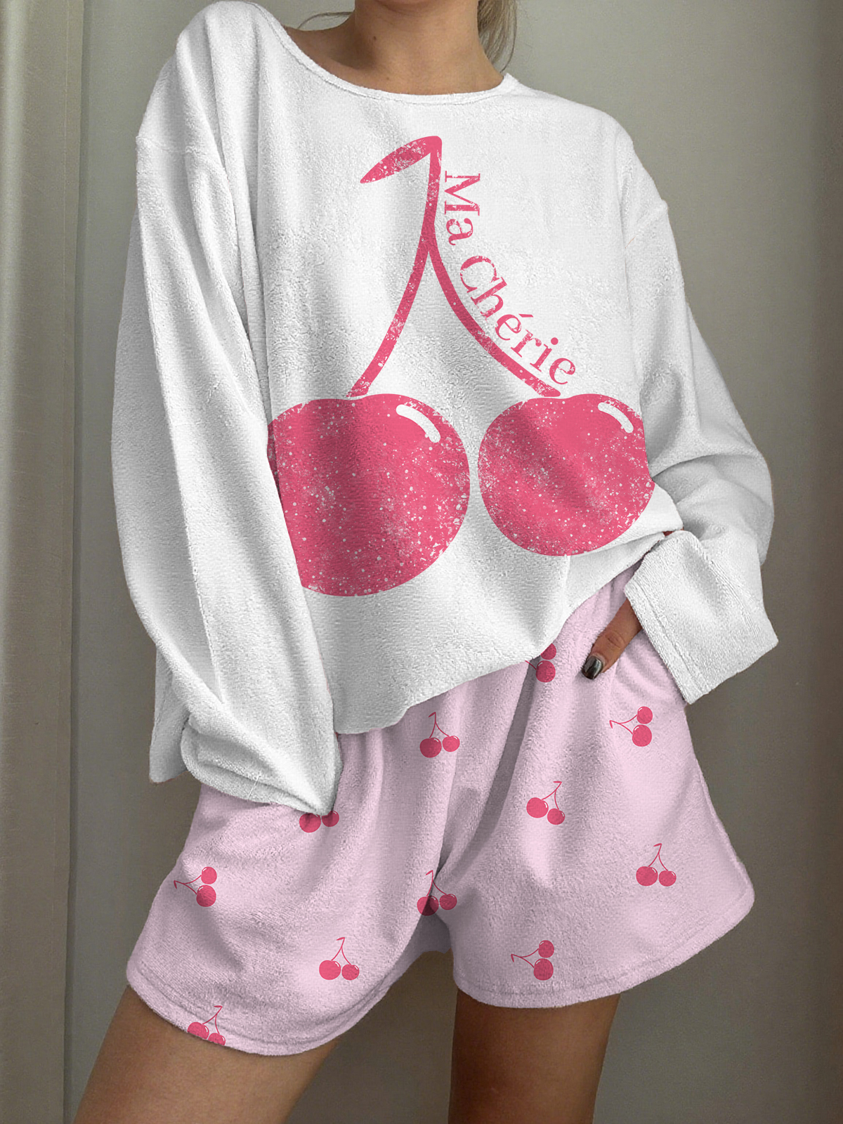 Pink Cherry Printed Long-Sleeved Shorts Loungewear Set