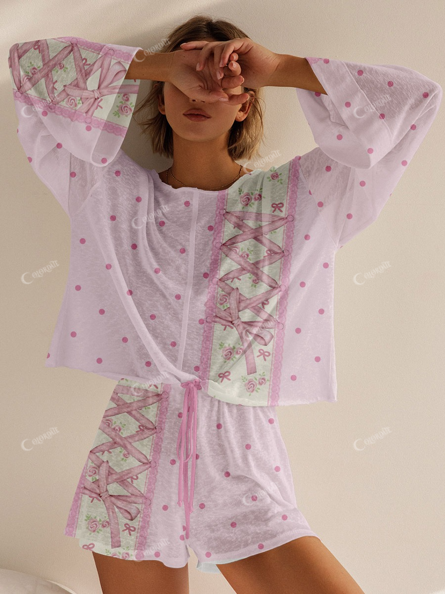 Women's Pink Polka Dot Pink Ribbon Print Cotton Shorts Set