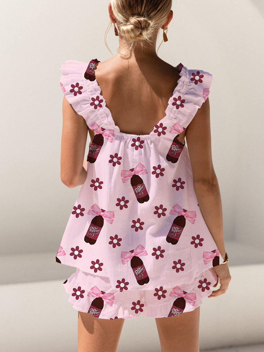 Soda Bow Print Ruffled Trim Short Tank Top Shorts Pajama Set