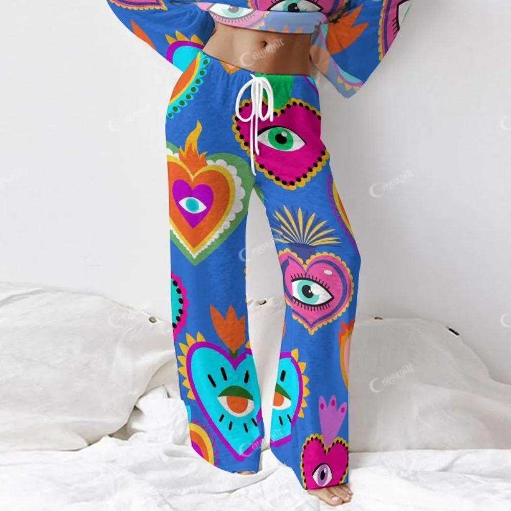 Colordate Women's Eyes And Love Print Long Sleeve Cotton Homewear Set 