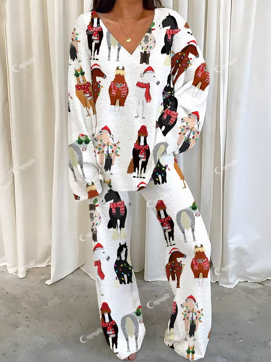 Women's Fun Christmas Horse Printed Fleece Suit