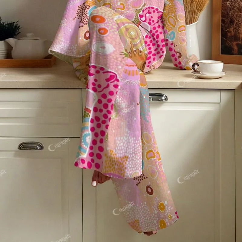 Colordate Women's Sun And Pink Leopards Print Cotton Cardigan Homewear Set