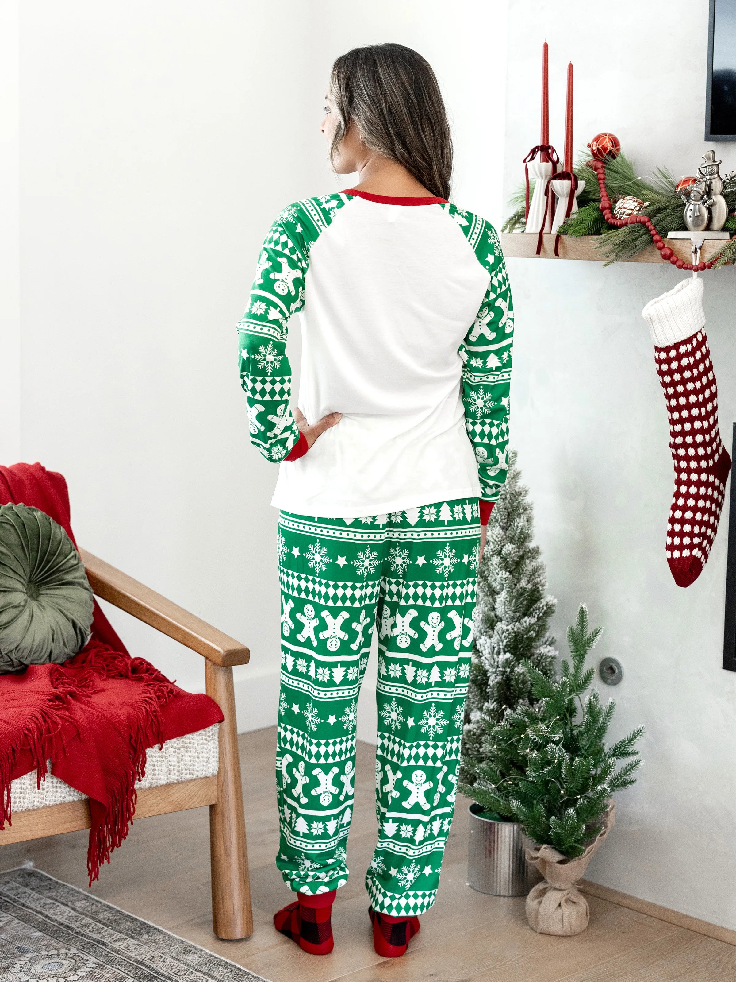 Christmas Matching Family Pajamas Set Gingerbread and Christmas Tree Print Green PJS