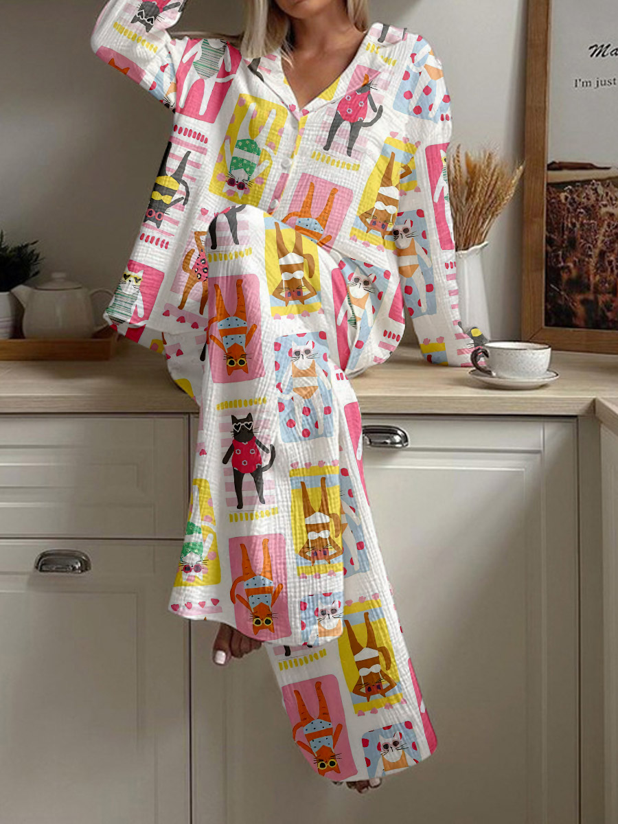 Women's Beach Chair Cat Print Loose Homewear Set