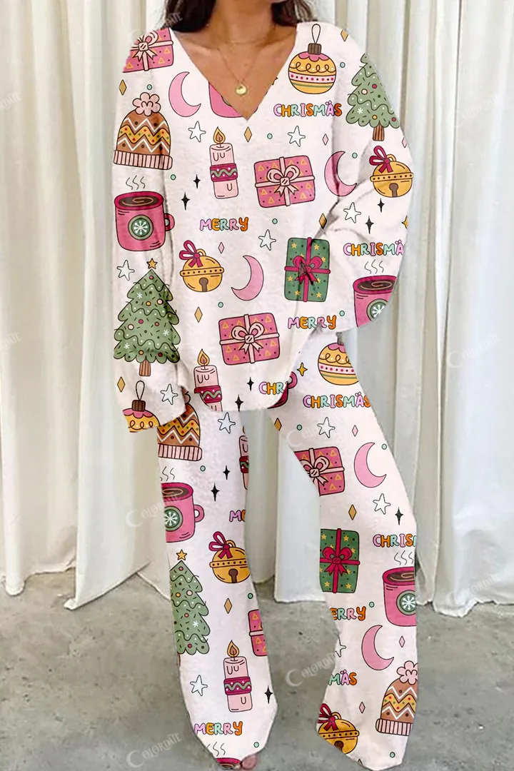 Women's Pink Christmas Print Home Long Sleeve Suit
