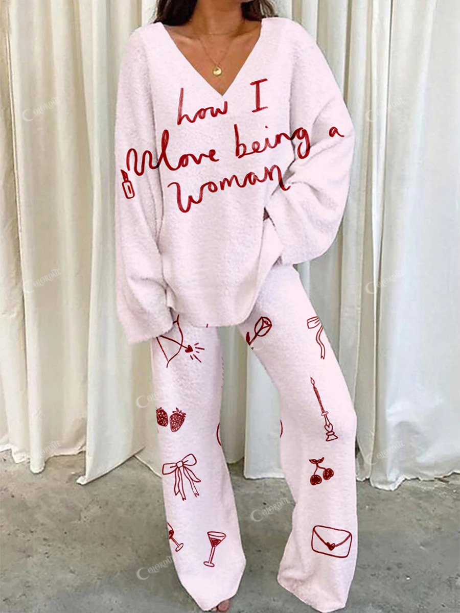 Women's Pink Cartoon Fun Letter Print Home V Neck Long Sleeve Suit