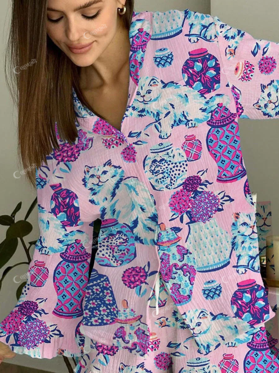 Women's Pink Artistic Floral Cute Animal Print Home Long Sleeve Suit