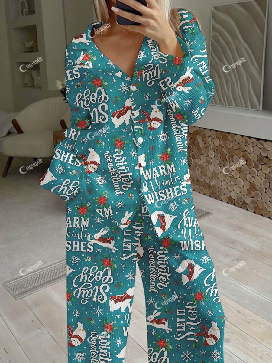 Women's Christmas Scarf Animal Sentence Print Loose Homewear Set