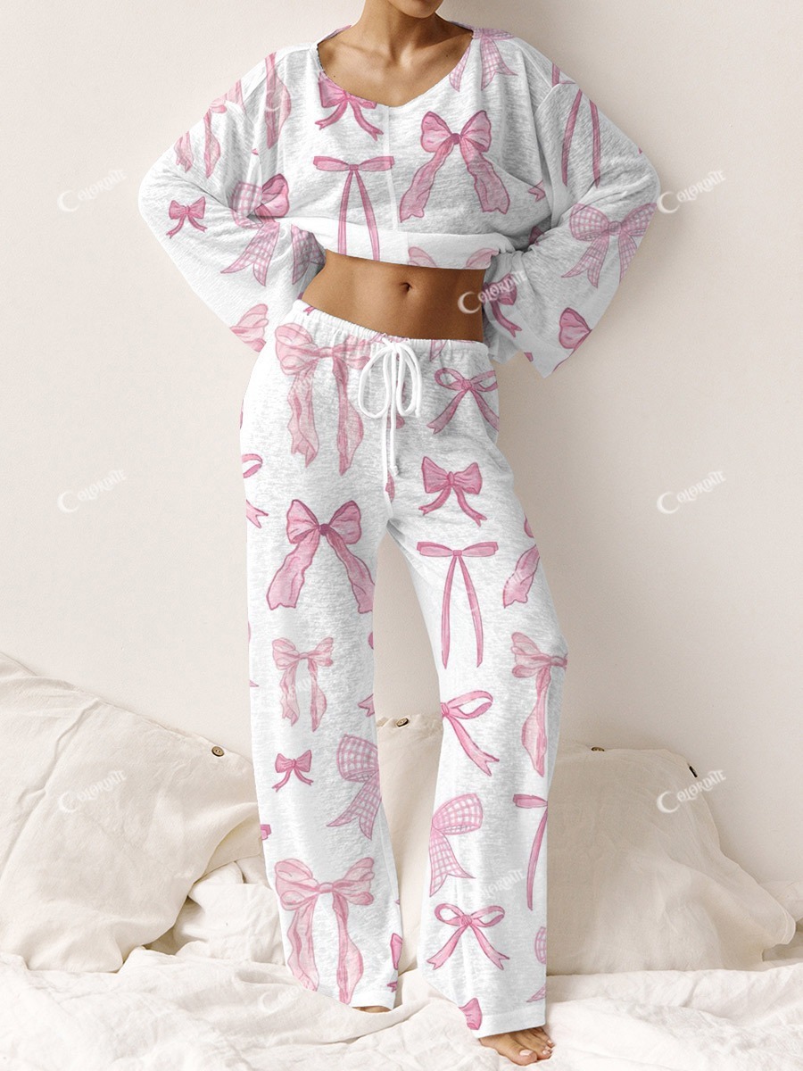 Women's Fun Bow Pattern Round Neck Long Sleeve Pants Set