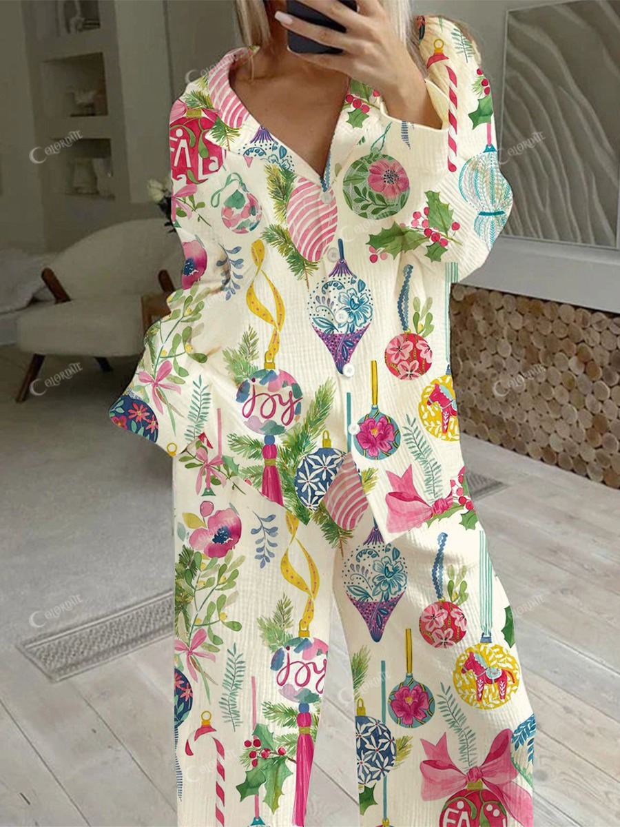 Women's Vintage Watercolor Christmas Lights Print Home Long Sleeve Suit