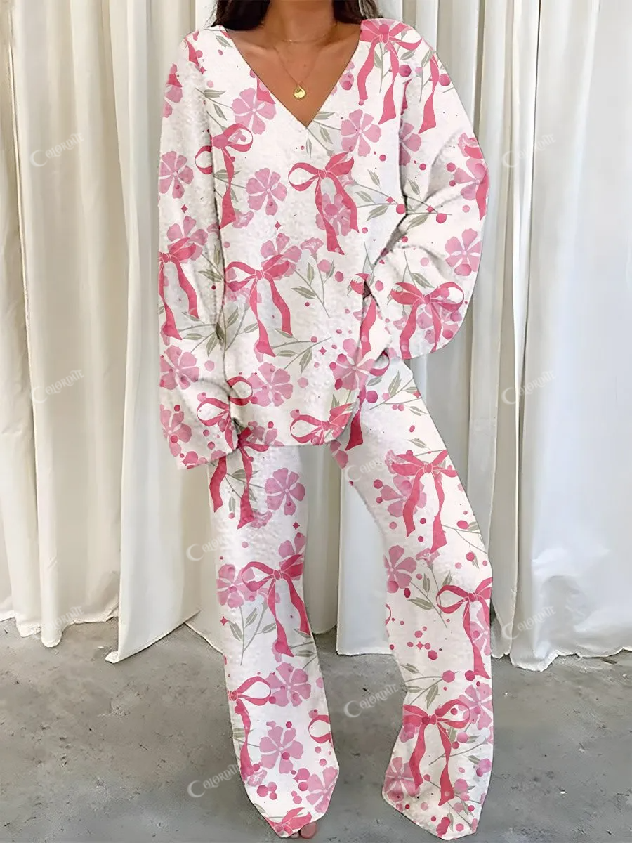 Women's Pink Bow Floral Print Fleece Suit