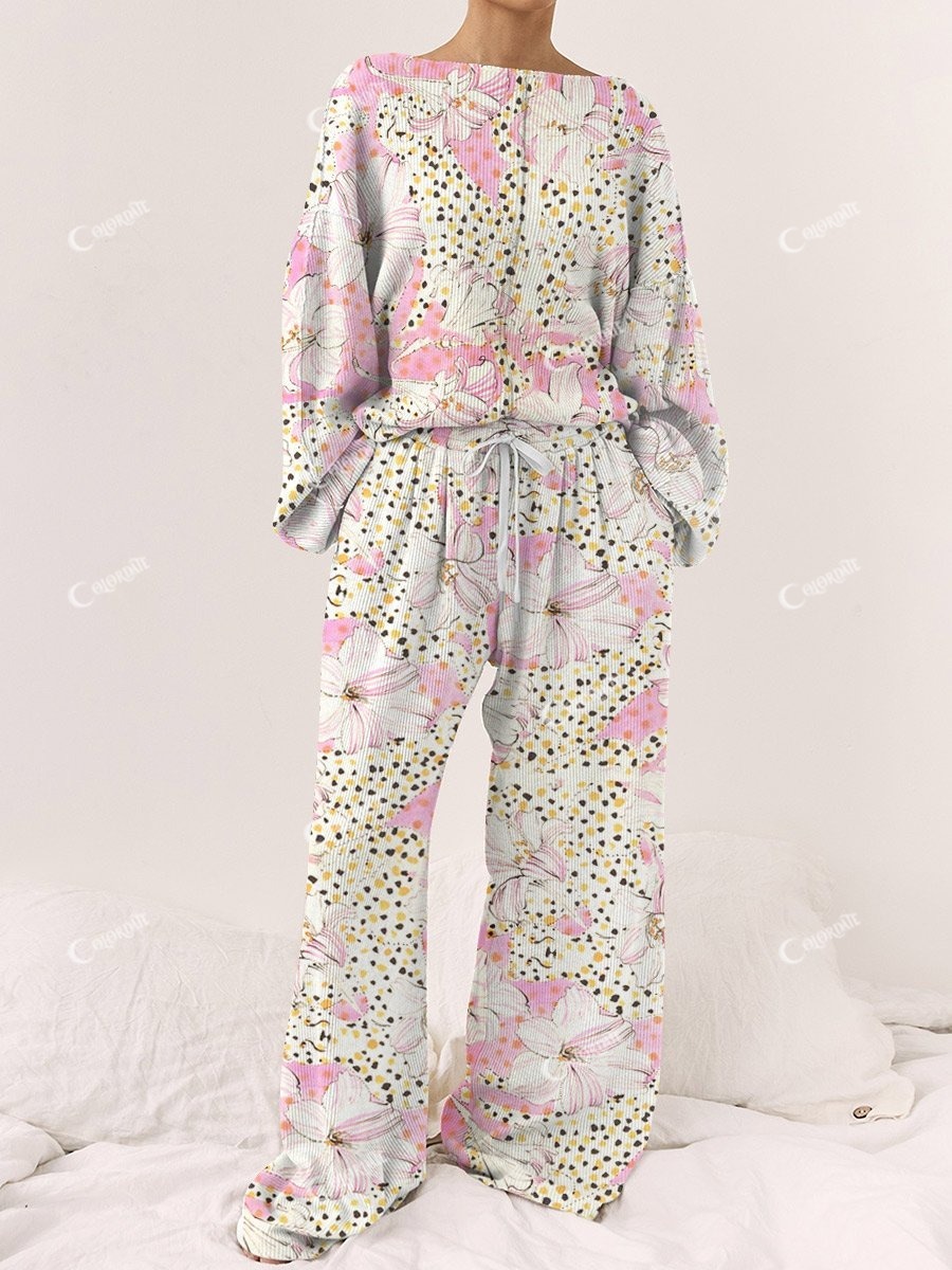Women's Pink Leopard Print Long Sleeve Lounge Set