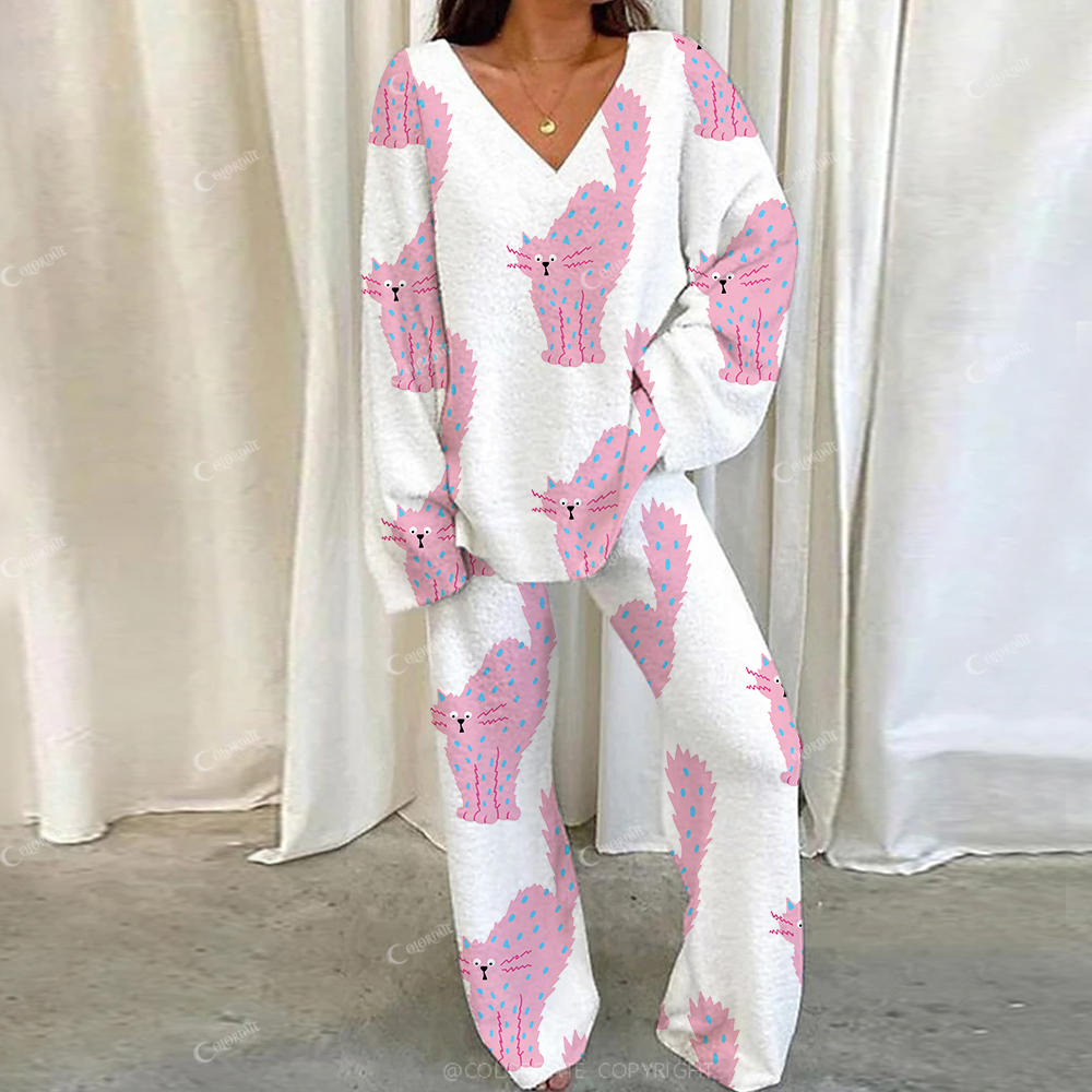 Colordate Casual Scared Kitten Printed Loungewear Set For Women