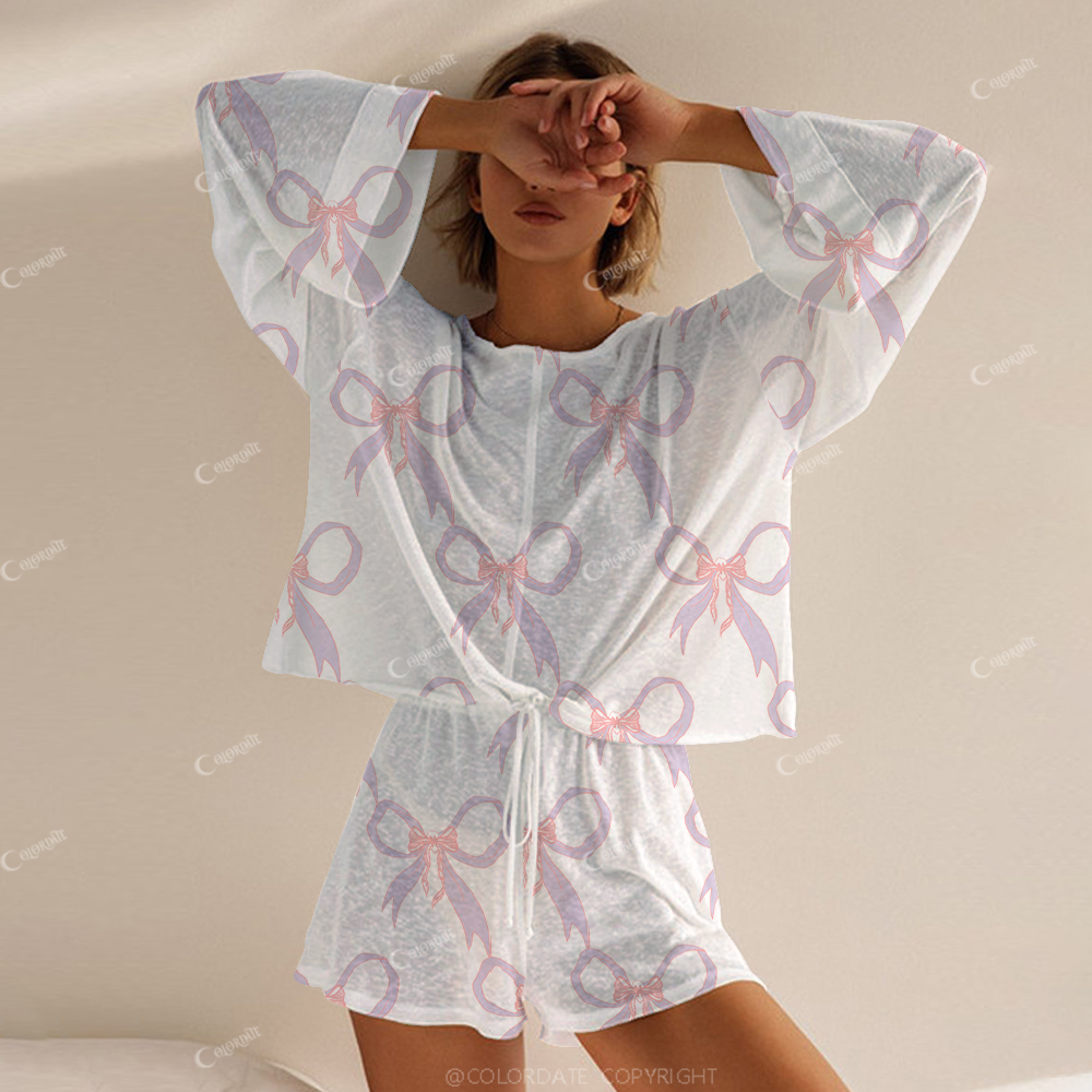 Colordate Women's Pink and Purple Bow Print Cotton Long Sleeve Shorts Suit