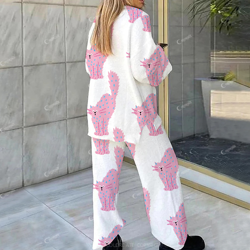 Colordate Casual Scared Kitten Printed Loungewear Set For Women