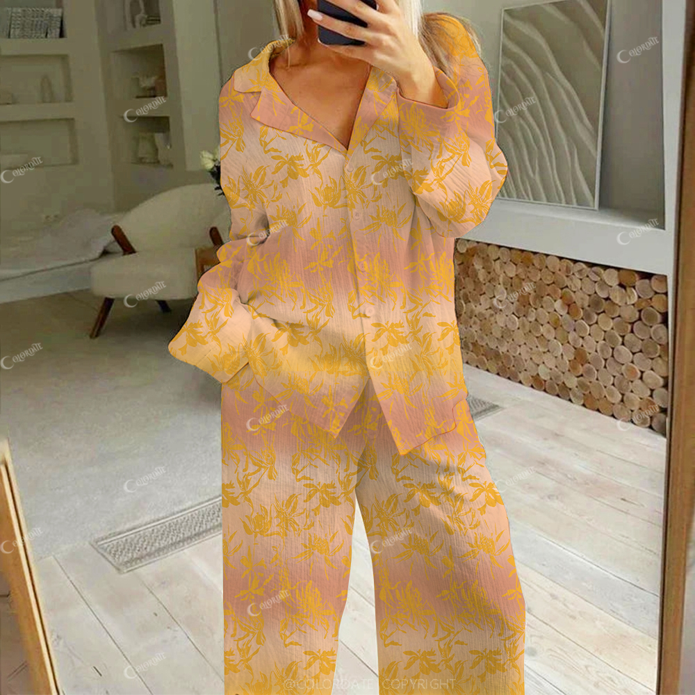 Colordate Women's Vintage Gradient Floral Print Cotton Cardigan Homewear Set