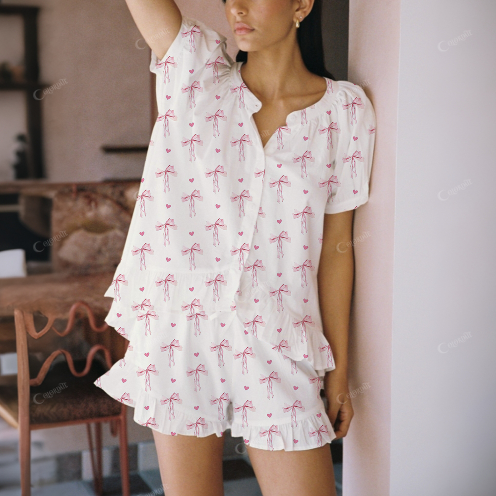 Pink Bow And Heart Print Short Pajama Set
