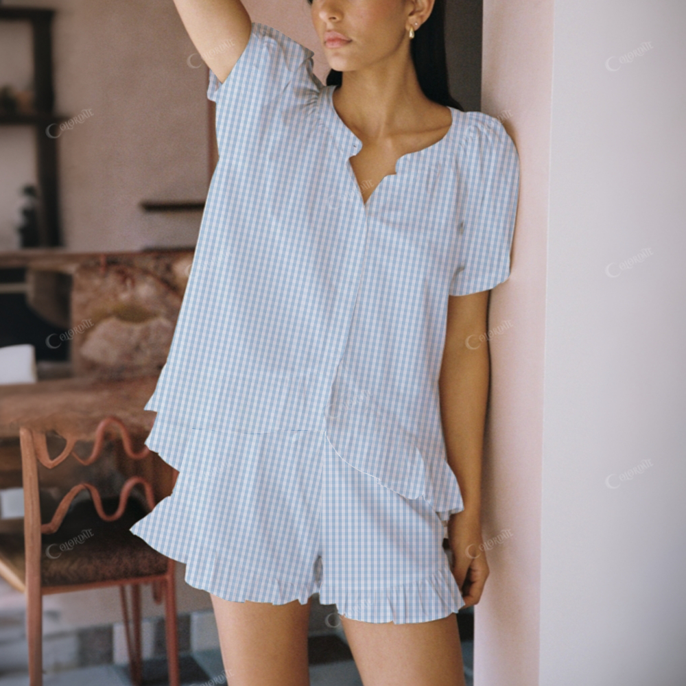 Blue Checkered Print Short Pajama Set
