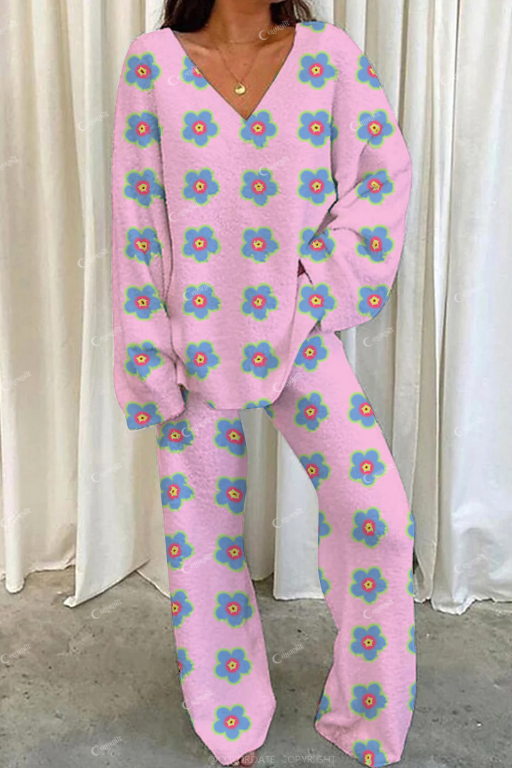 Colordate Casual Small Blue Floral Art Loungewear Set For Women
