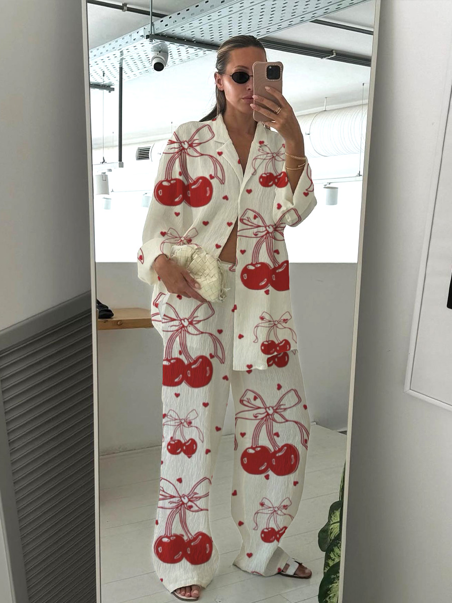 Women's Bow Cherry Heart Printed Casual Homewear Set