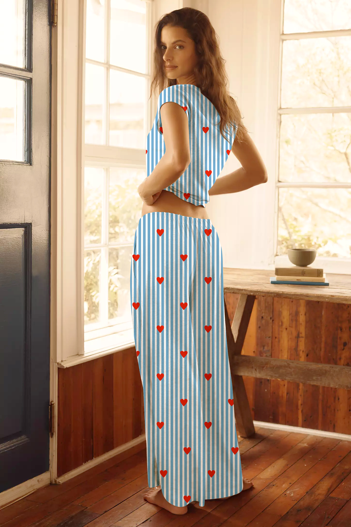 Striped Heart Printed Tee Long Pants Loungewear Set