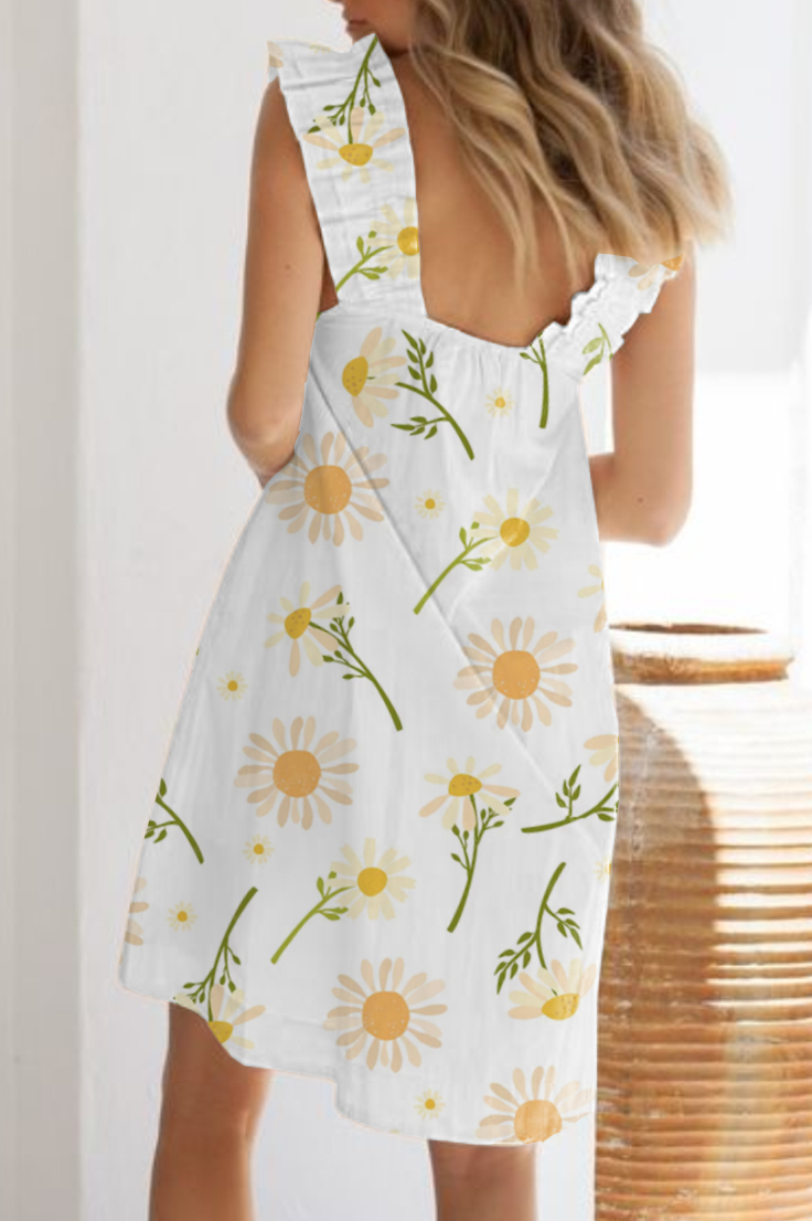 Women's Orange Daisy Printed Ruffle Mid-Length Nightgown