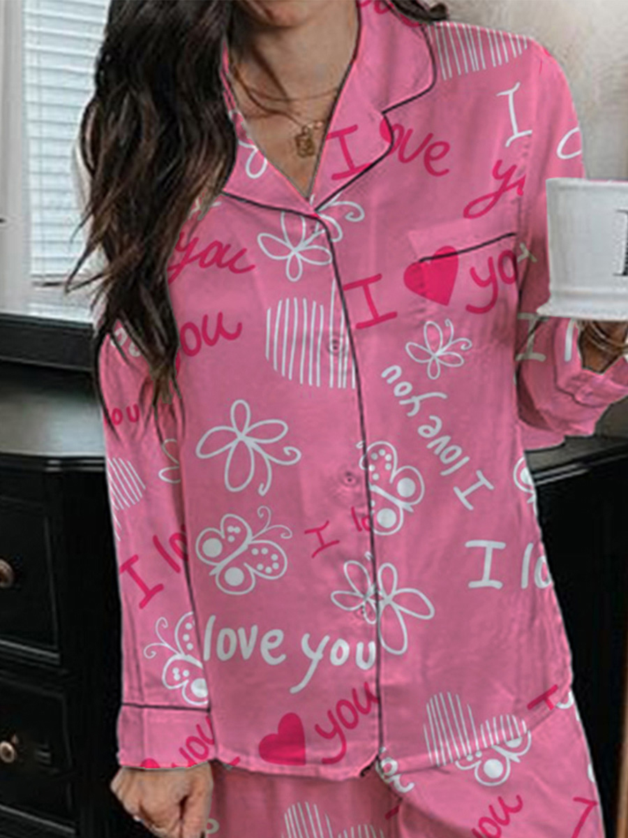 Women's Valentine's Day Heart Graffiti Pattern Long Sleeve Pants Set