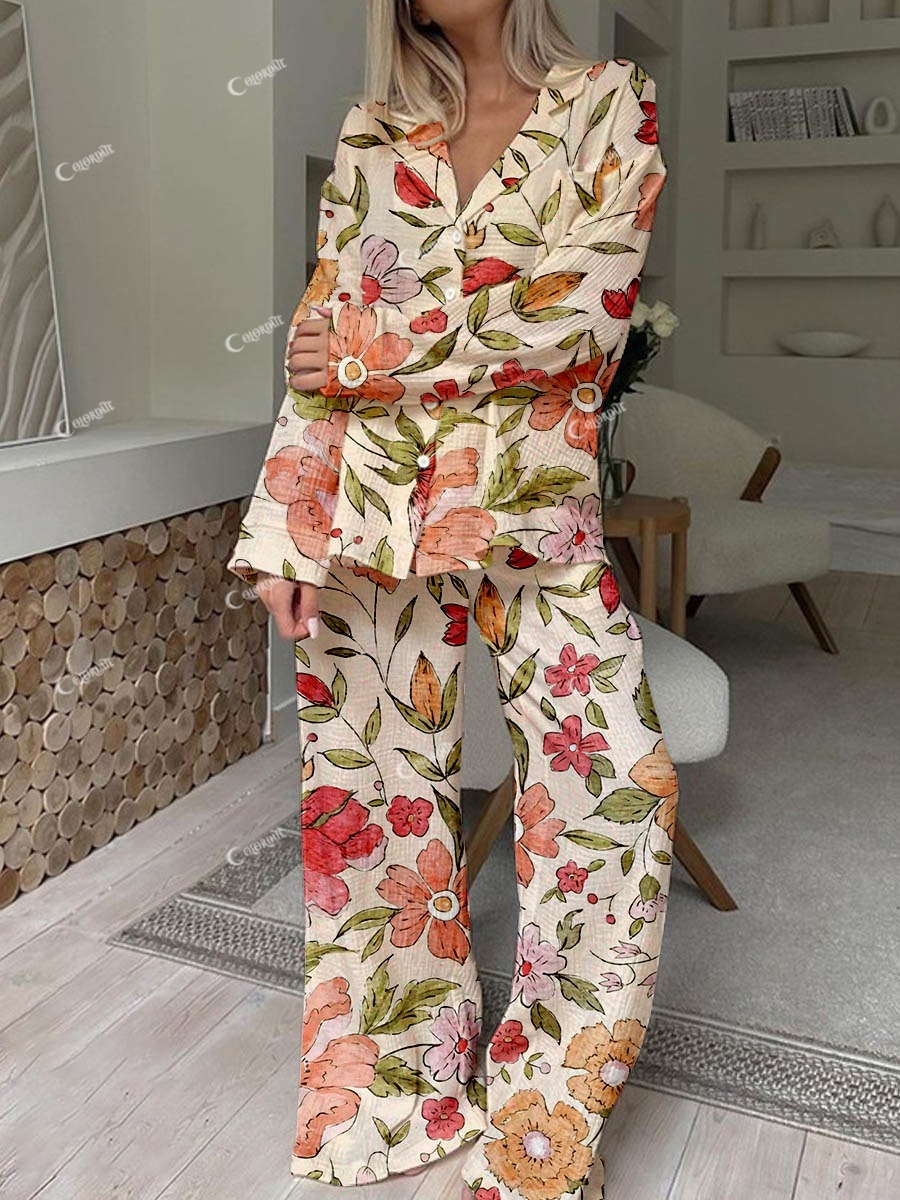 Women's Cherry Blossom Floral Print Cotton Cardigan Loungewear Set