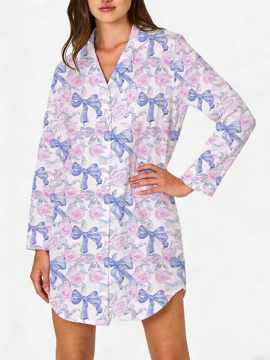 Blue Bow Romantic Floral Sleep Shirtdress