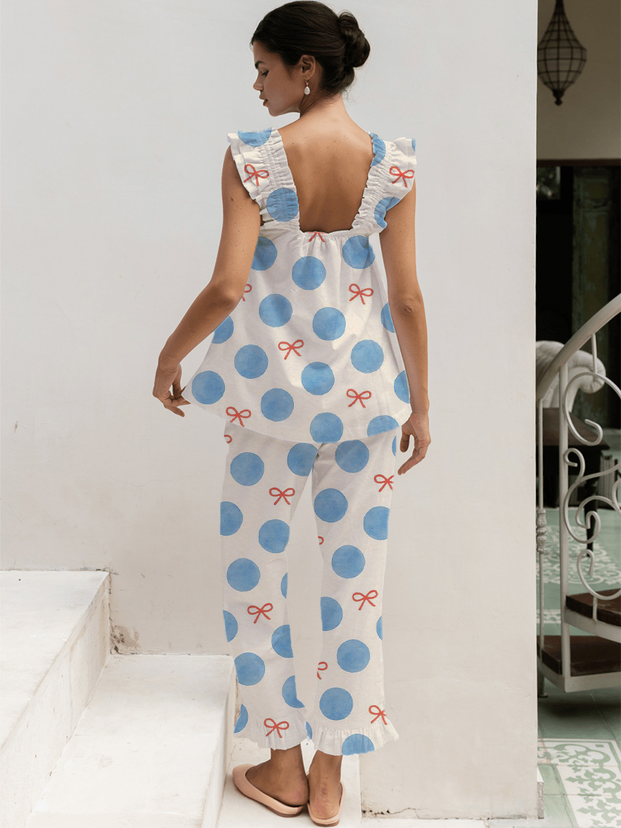 Blue & Beige Polka Dot Print Tank Top Pajama Set