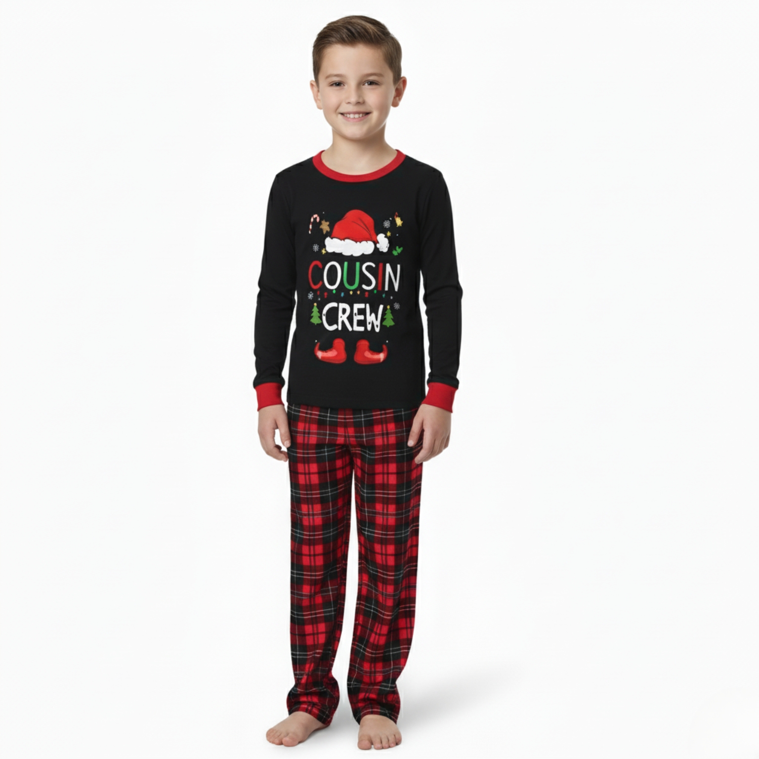 Cousin Crew Christmas Print Matching Plaid Pajama Set